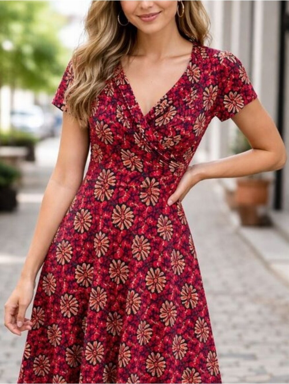 Leota Floral Faux Wrap Midi Dress in Burgundy - Size L